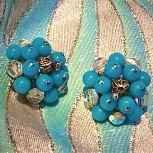 Vintage turquoise glass bead ab crystal filagree cluster clip earrings